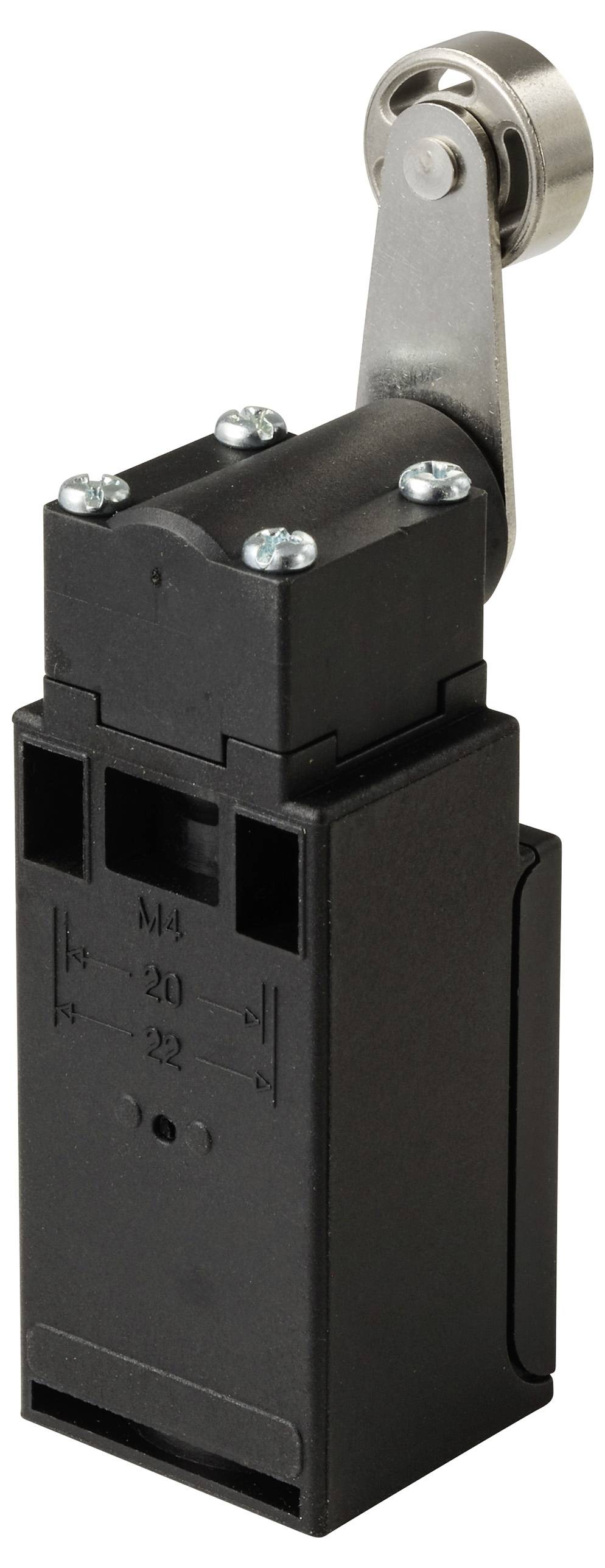 A rectangular limit switch with lever arm and roller end, commonly used in industrial machines for position detection.