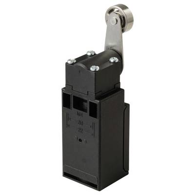 A rectangular limit switch with lever arm and roller end, commonly used in industrial machines for position detection.