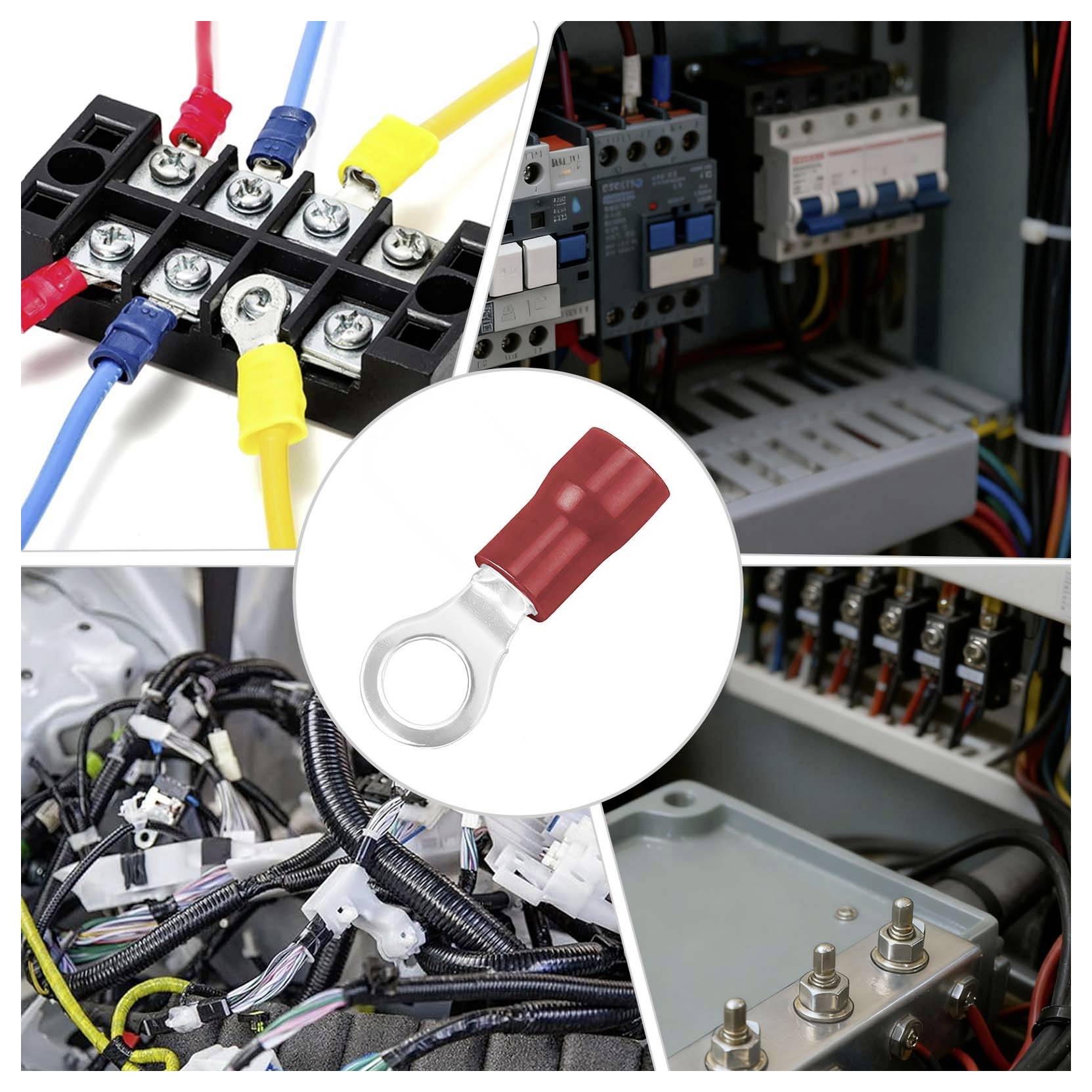 Collage of electrical connectors and wiring in control panels, centered on a red ring terminal used for secure cable connections.