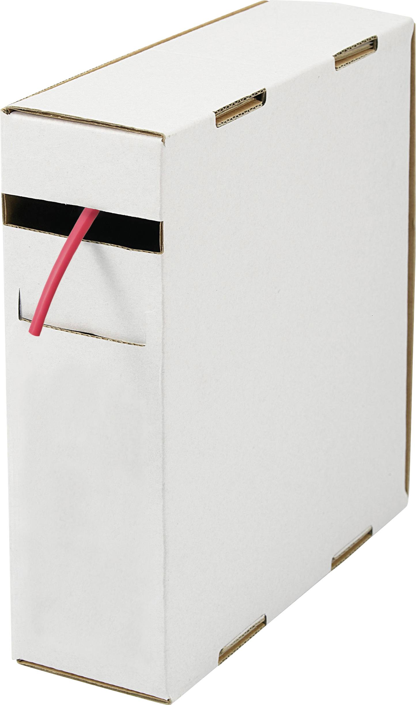 White cardboard cable management box with a red cord exiting through a side slot.