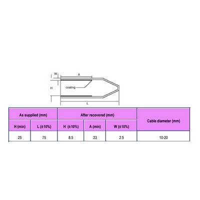 Diagram of a cable heat-shrink sleeve with dimensions. Table below shows dimensional changes before and after heating for various cable diameters.