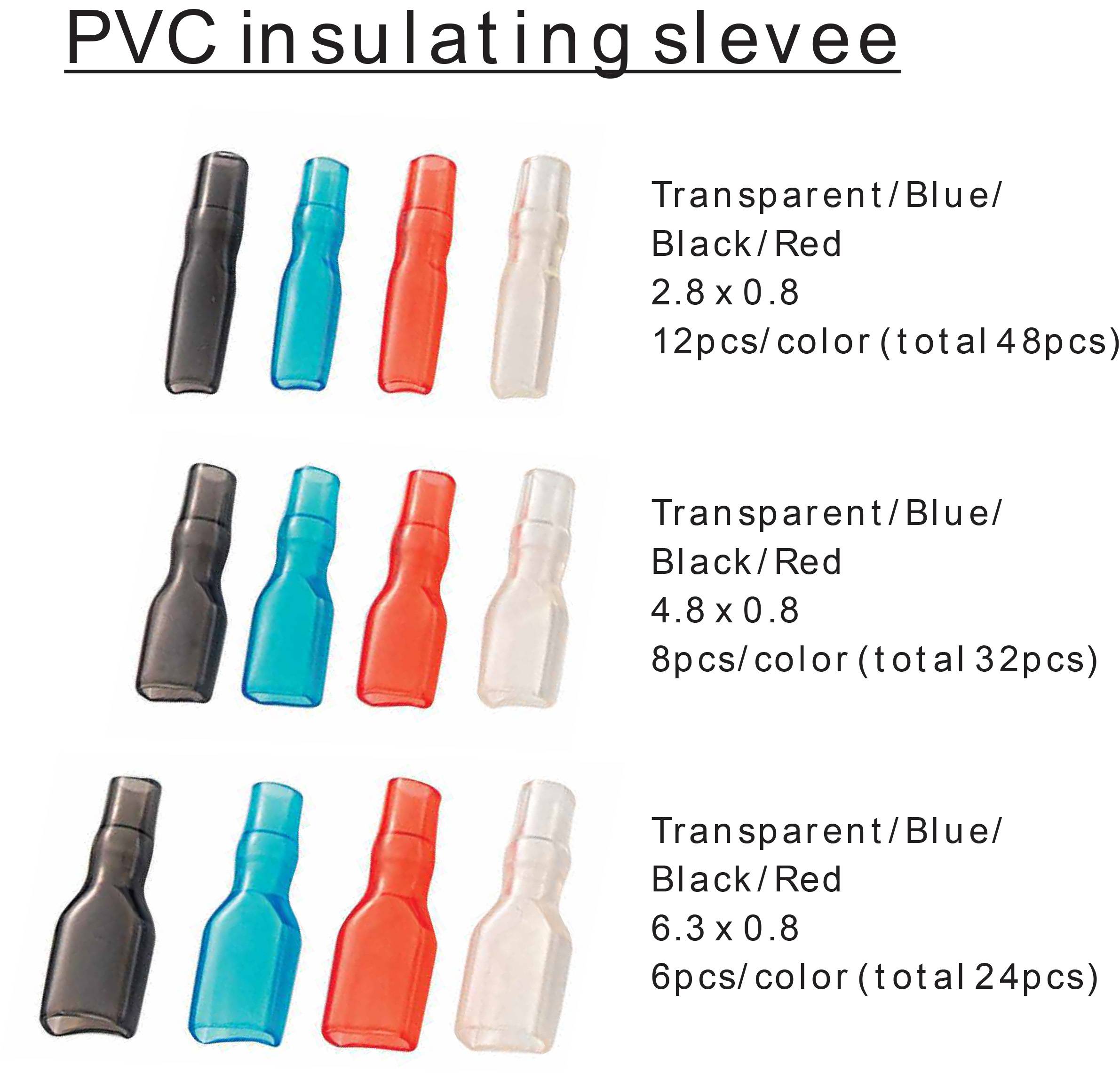 PVC insulating sleeves in transparent, blue, black and red. Various sizes and quantities, described in text as 48, 32 and 24 pieces.