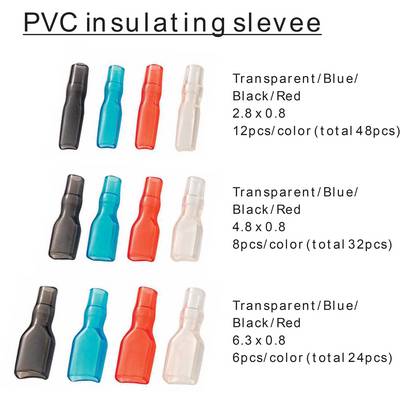 PVC insulating sleeves in transparent, blue, black and red. Various sizes and quantities, described in text as 48, 32 and 24 pieces.