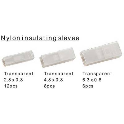 'Three nylon insulation sleeves in various sizes: 2.8 x 0.8 mm (12 pieces), 4.8 x 0.8 mm (8 pieces), 6.3 x 0.8 mm (6 pieces).'