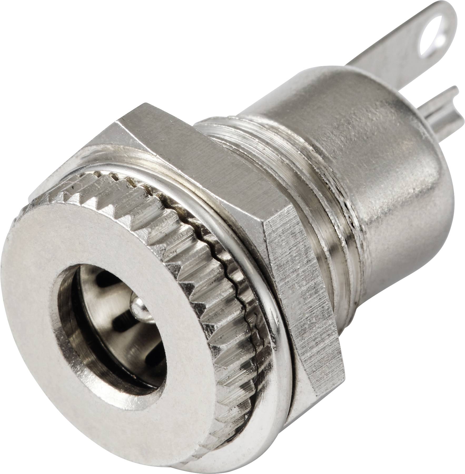 A silver metal switch with a ribbed edge and two connection pins, suitable for installation in electronic devices.