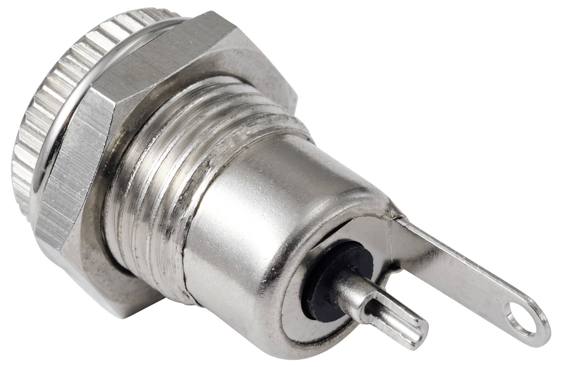 Metal plug with thread and flange, suitable for mounting and connection in electronic devices.