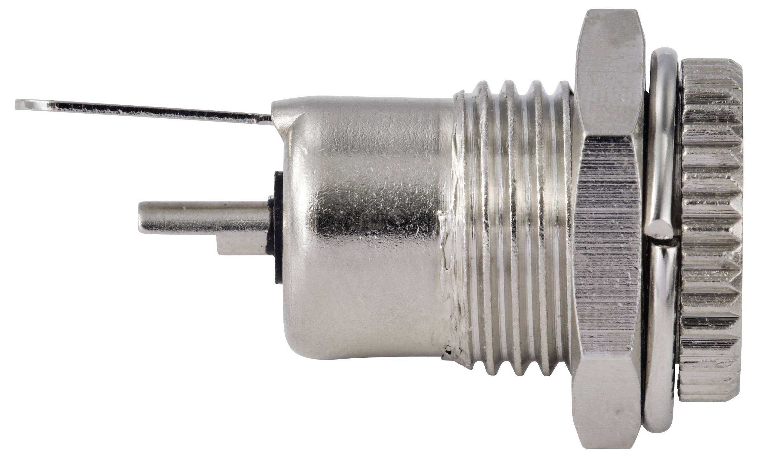 A metallic connector with a screw thread, two protruding terminals, and a knurled nut for securing.