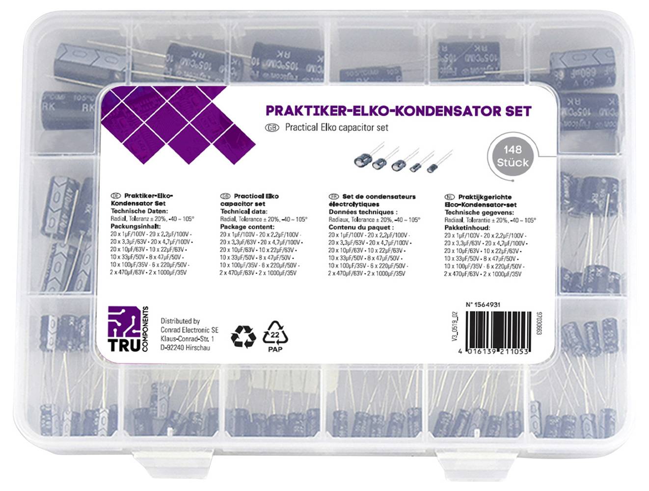 'Practical Elko capacitor set' labeled box, contains assorted capacitors in compartments.