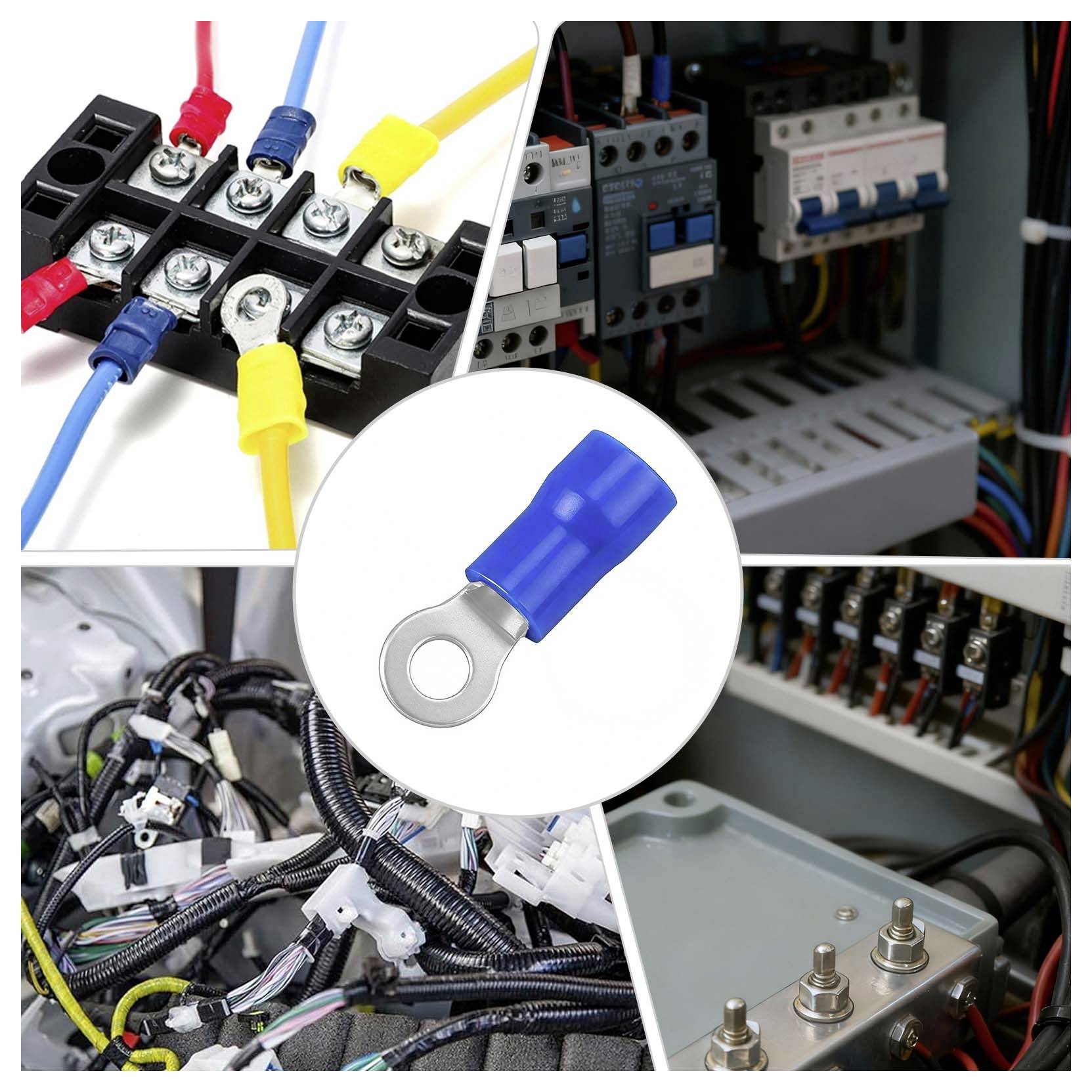 Collage of insulated ring terminal connectors on wires, shown attached to electrical terminal blocks and wiring inside control panels and machinery.