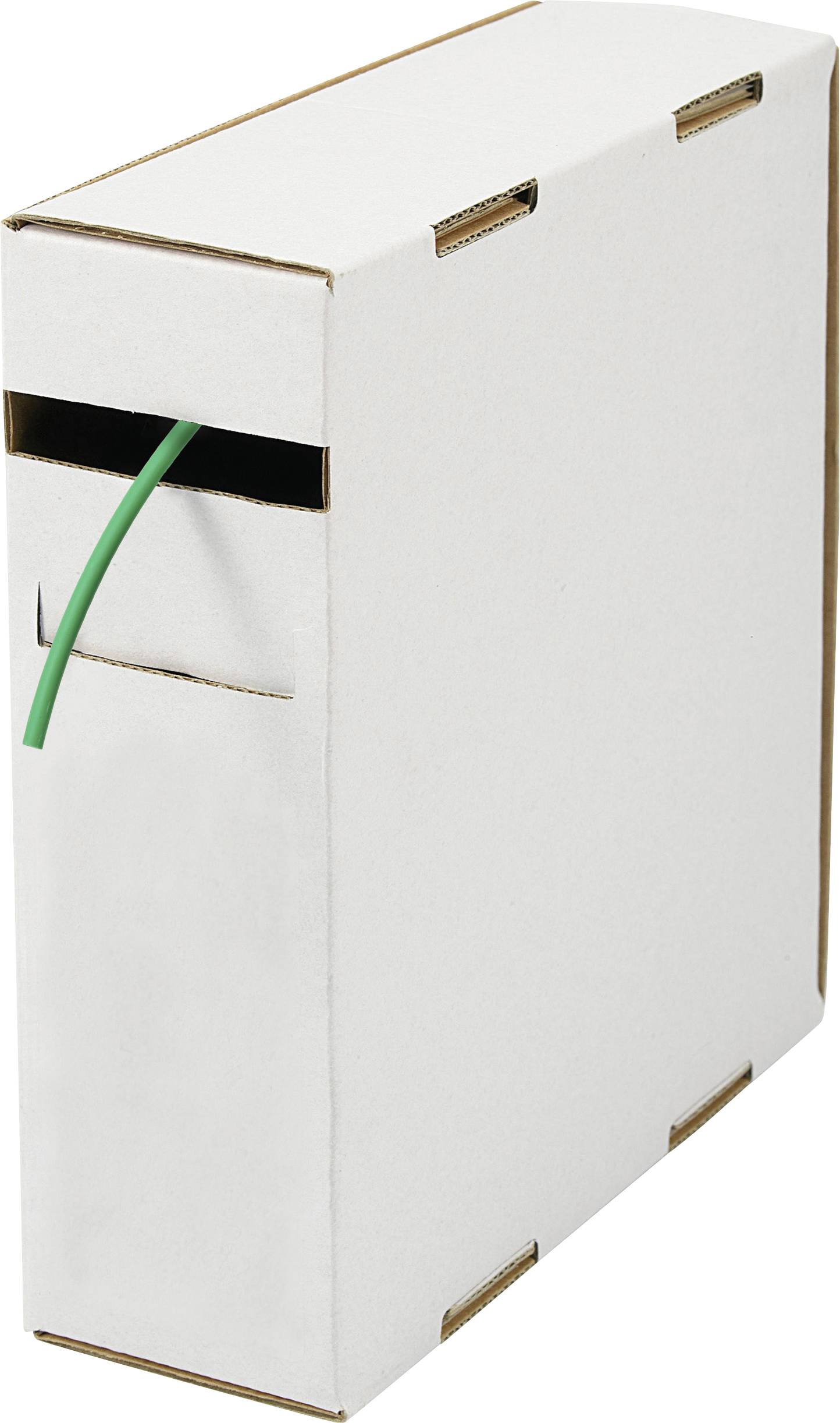 White cardboard cable box with a green cord exiting a side opening, used to hide and organize cords.