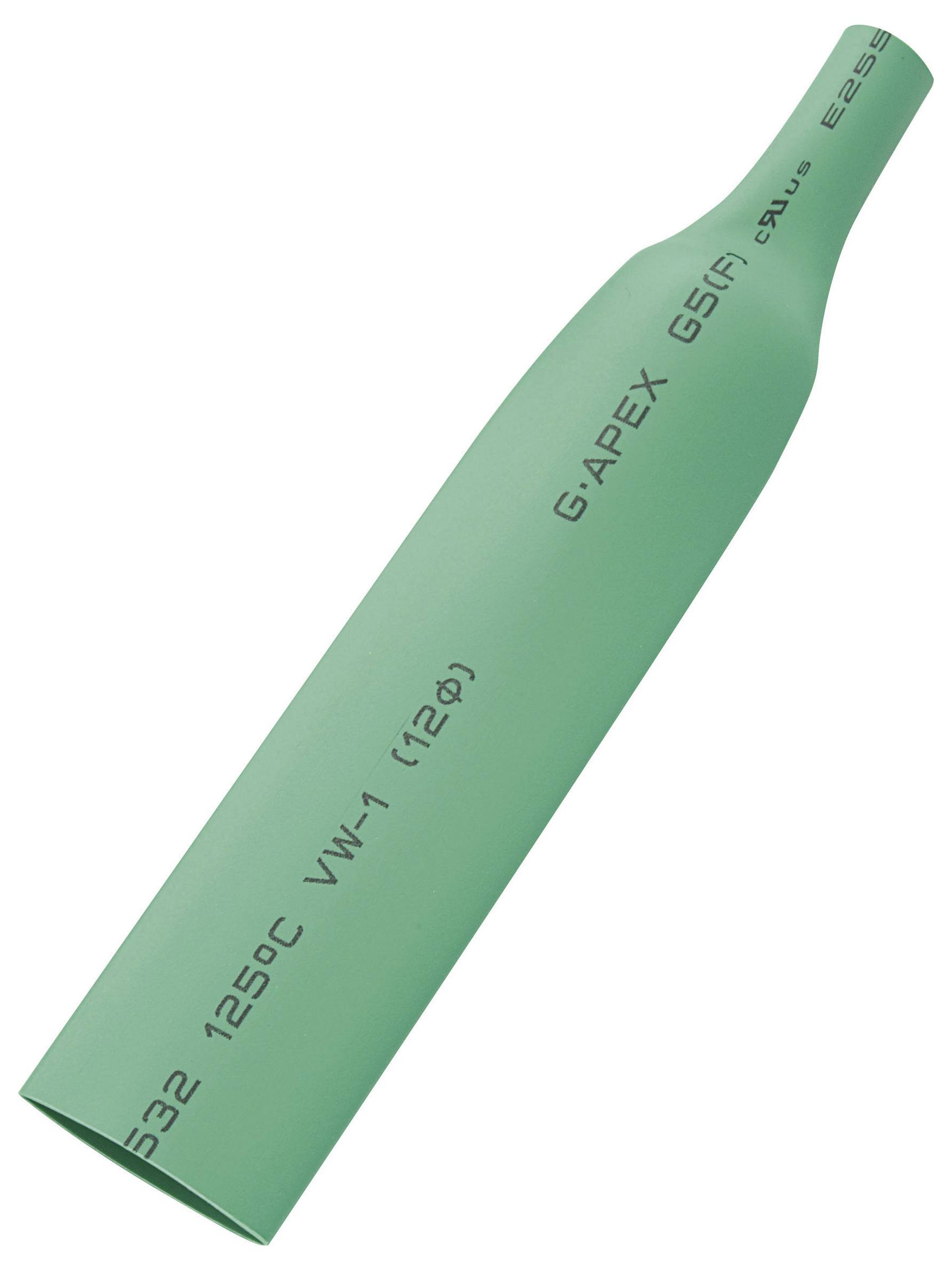 Green heat shrink tubing labeled 'G APEX', used for insulating wires, temperature rating of 125°C, VW-1 flame tested.