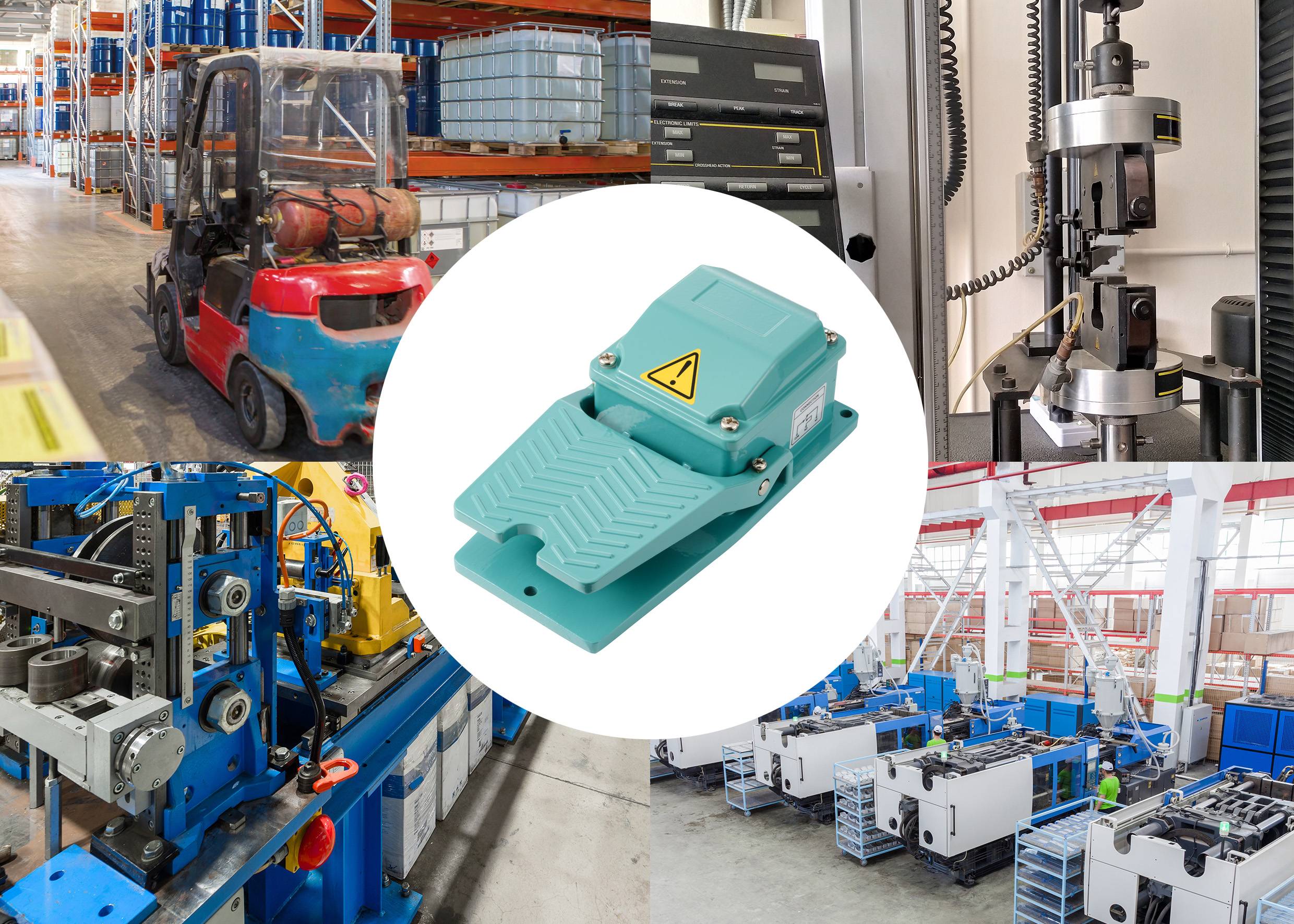 In the centre, a blue foot pedal. Surrounding it, pictures of machinery in a factory, including a forklift truck and testing equipment.