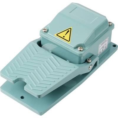 Foot pedal switch in turquoise, with warning triangle and stylised foot on the top surface. Secured by four screws.
