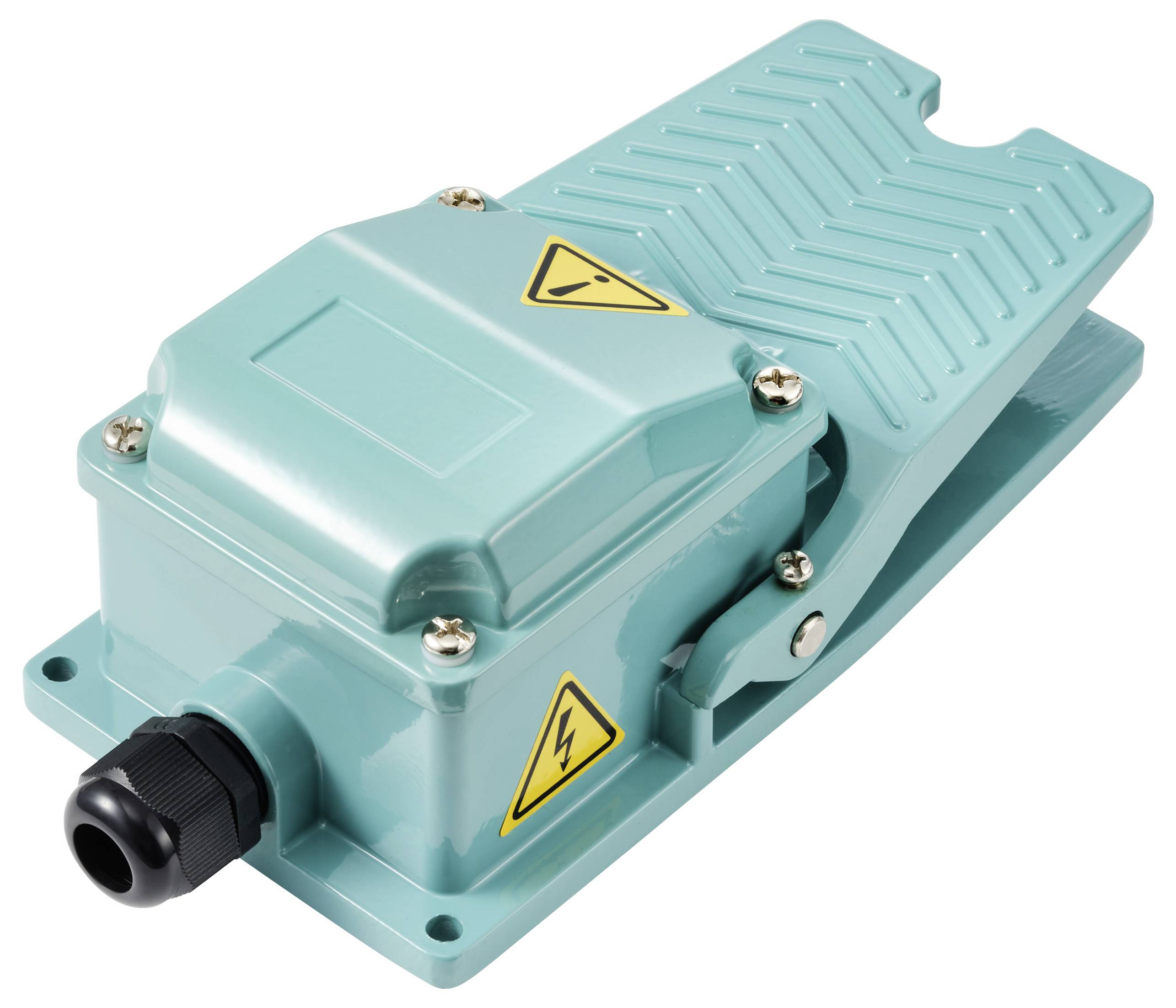 A turquoise foot switch with a textured pedal and yellow electrical warning symbols on the side.