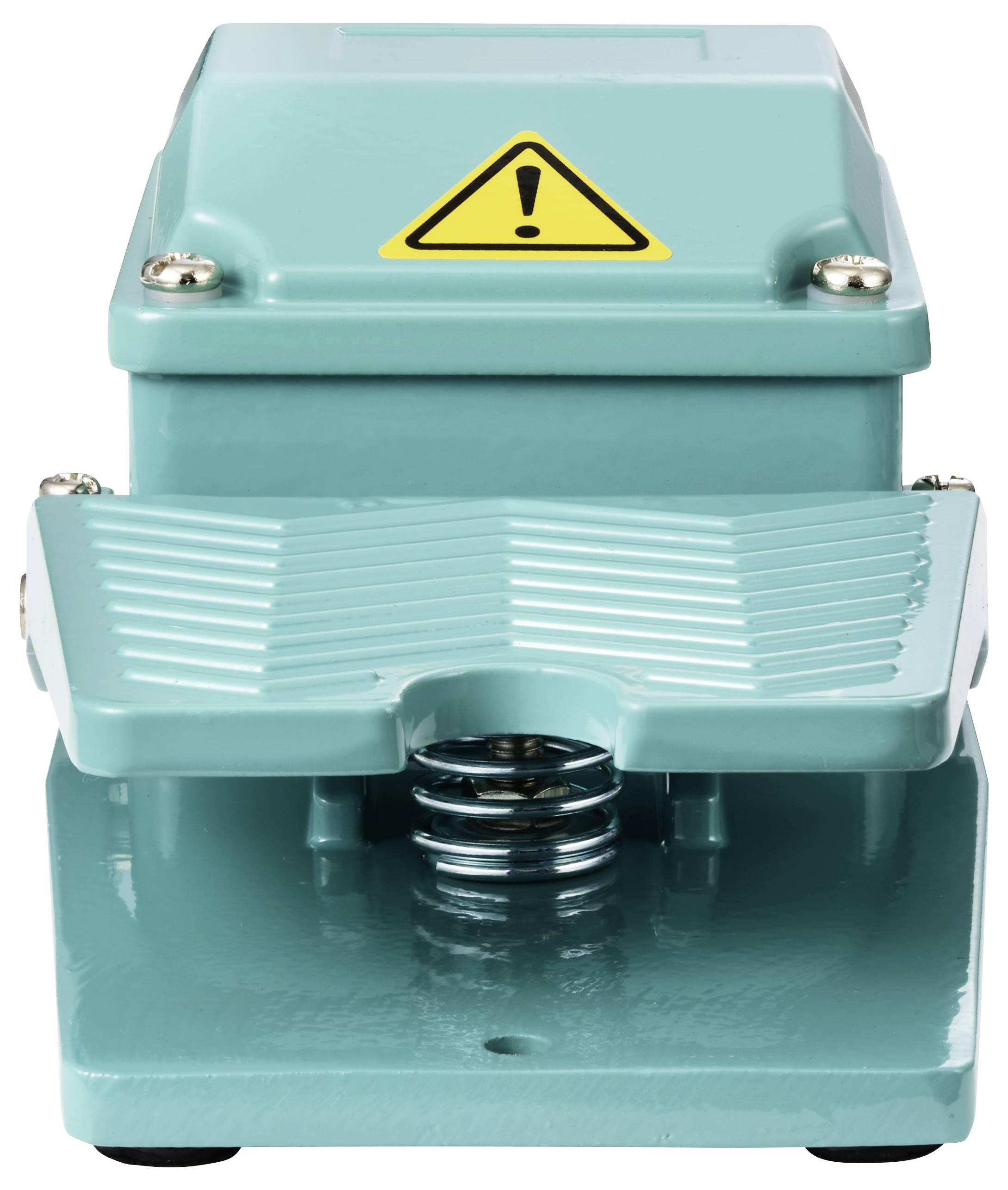 Turquoise foot switch with a yellow warning symbol on the top surface. Suitable for controlling machinery or equipment.