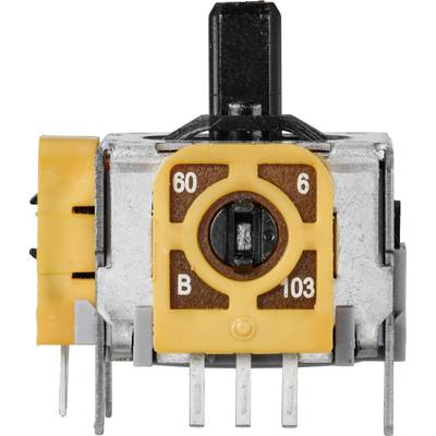 'Electronic component with a black switch and yellow marking with numbers: 60, 6, B, 103.'