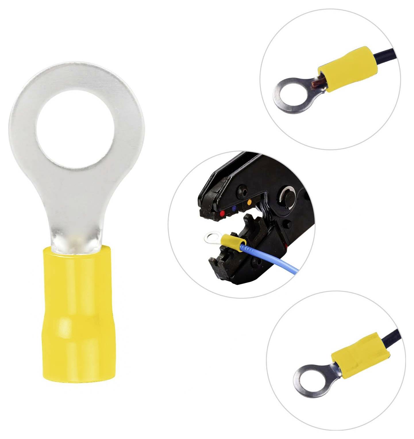 Yellow-insulated ring terminal electrical connector shown with close-ups of crimped wire ends and a crimping tool in use.