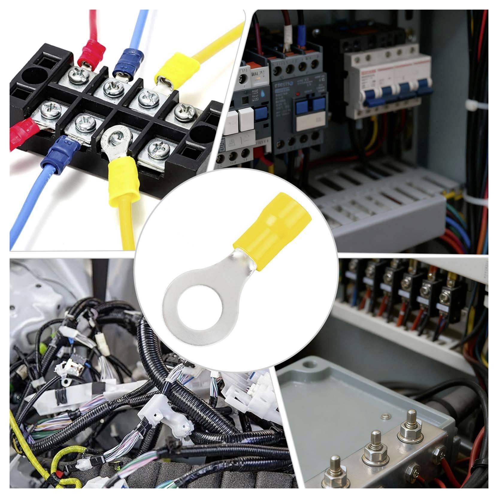 Collage of electrical wiring and terminals in control panels, with a yellow ring crimp connector shown in the center.