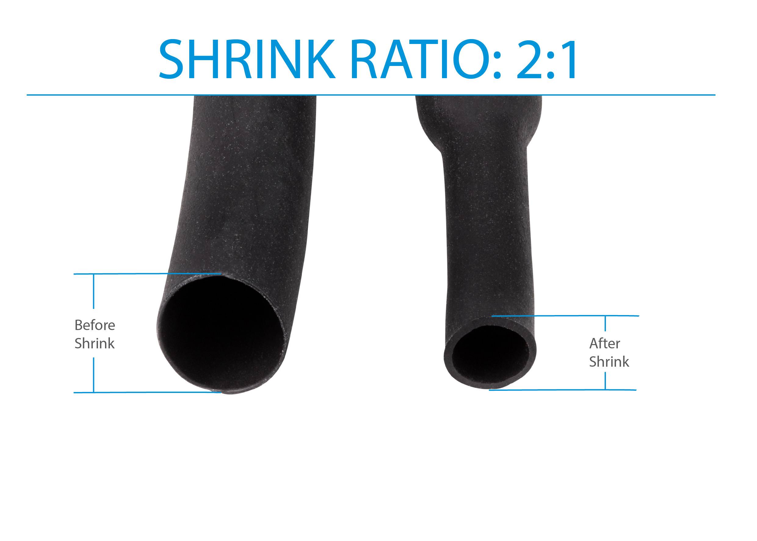 'Shrink ratio: 2:1' image shows a thick tube labeled 'Before Shrink' contrasted with a thinner, shortened tube labeled 'After Shrink'.