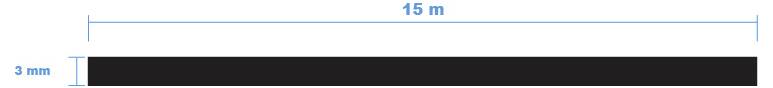 'A black rectangle, 15 meters long and 3 millimeters tall, shows dimensions with blue lines and labels, indicating its measurements.'