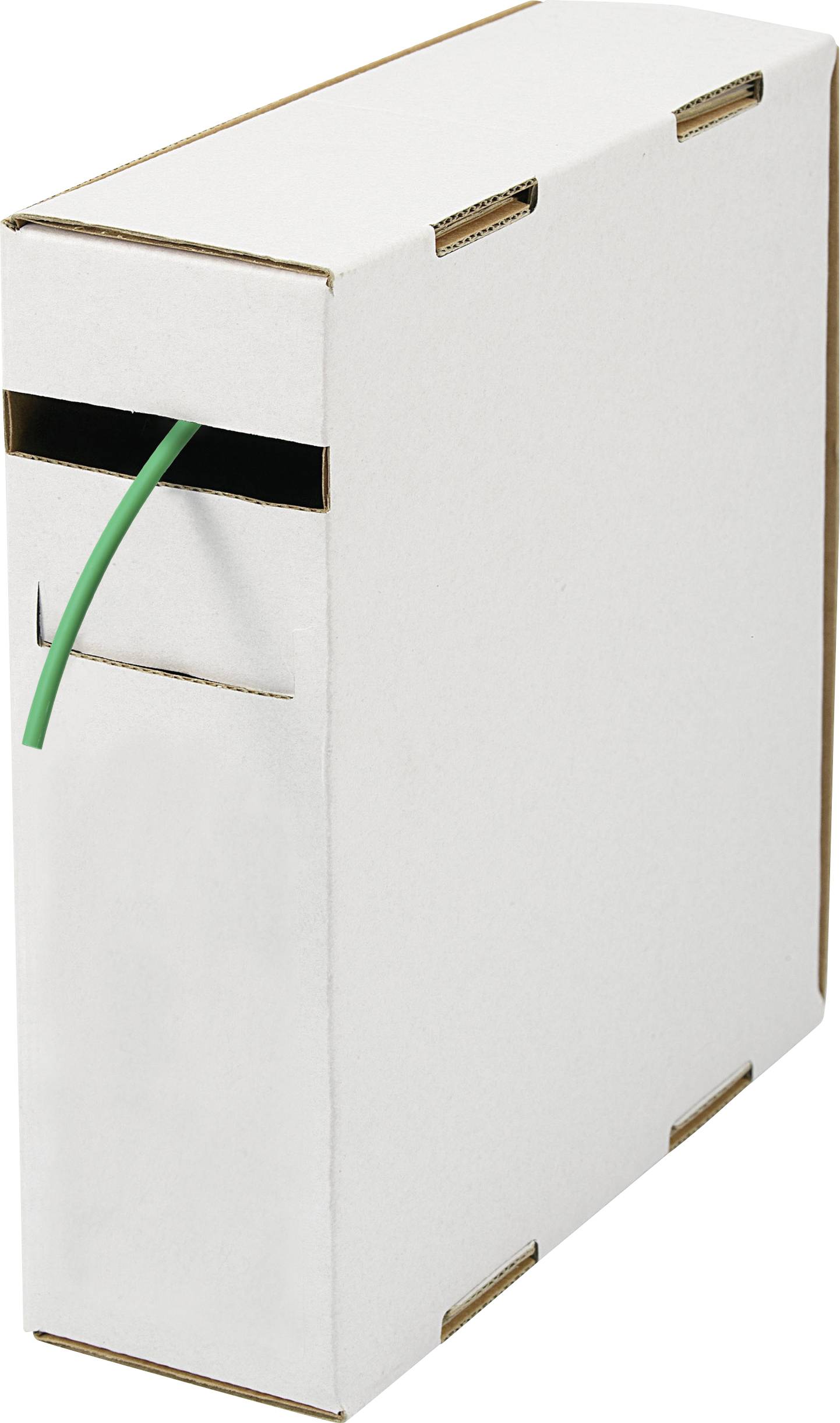 White cardboard box with a green cable protruding from an opening. The box is rectangular in shape and made of cardboard.