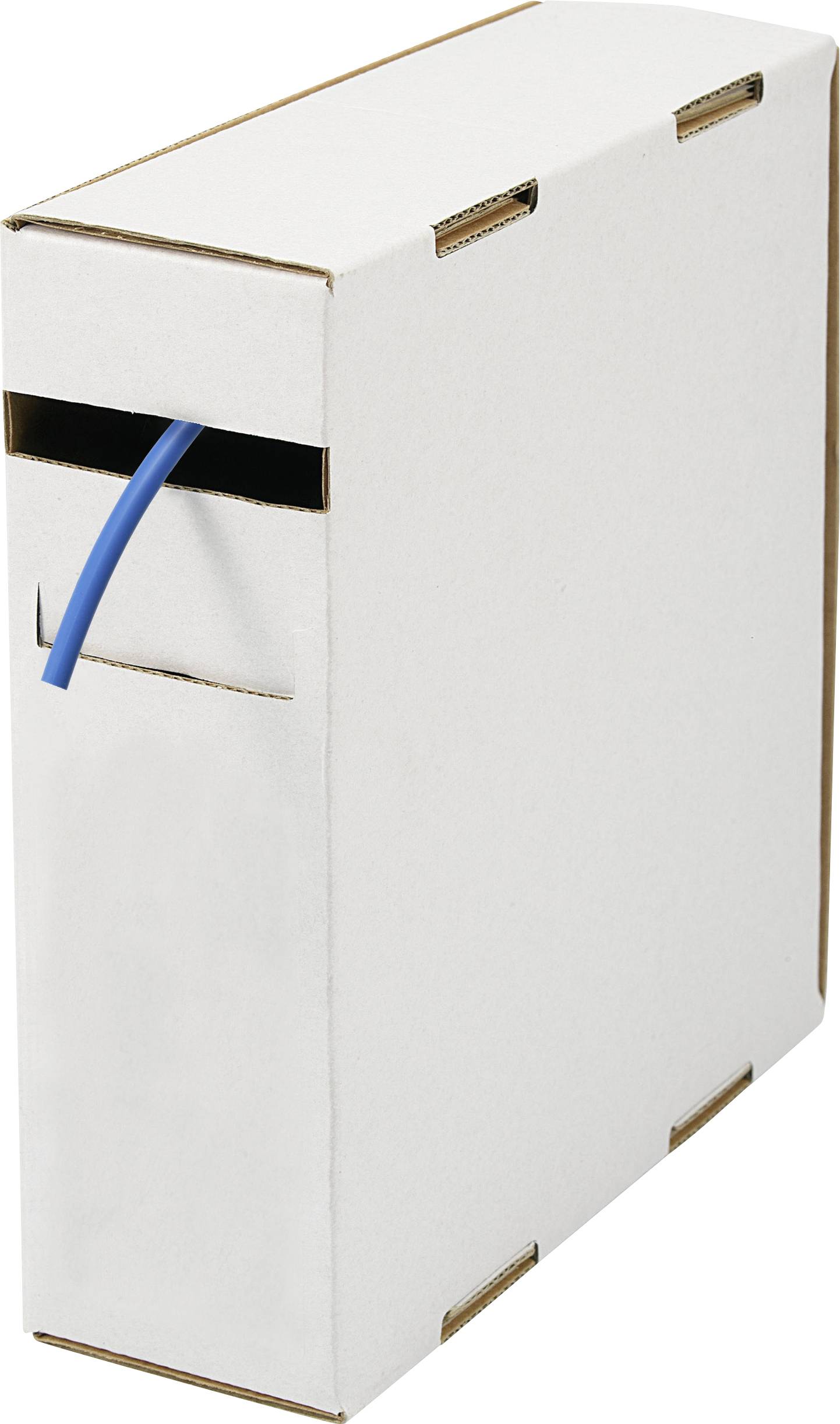 White cardboard box with an opening from which a blue cable protrudes.