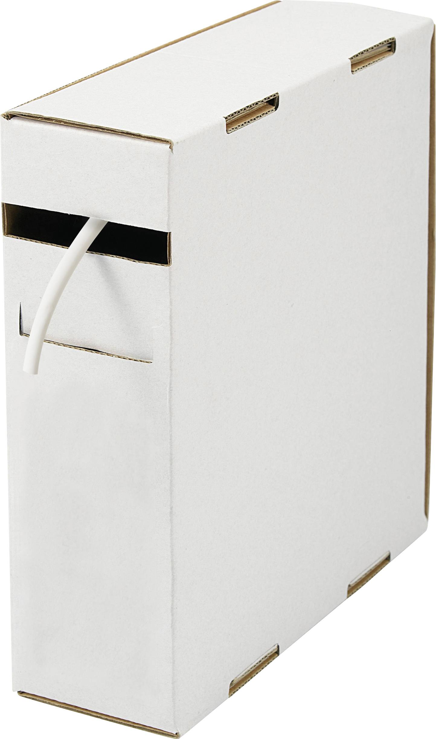 White cardboard box with a side cutout and cable, shown on a plain background<br>
