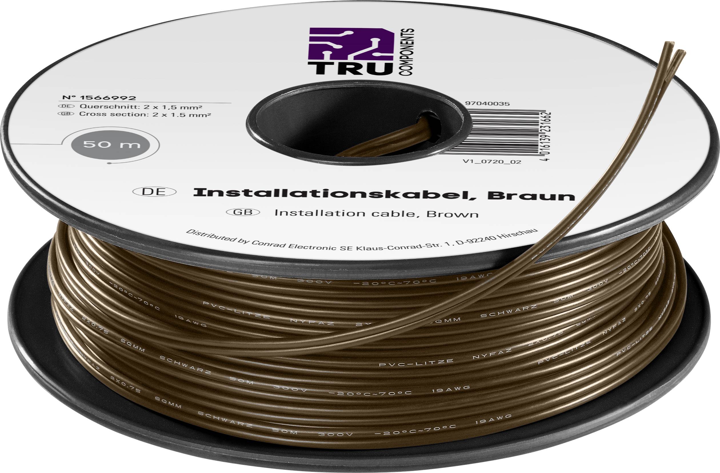 Brown installation cable, 50 metres, on reel. Product label shows logo and text in German and English.
