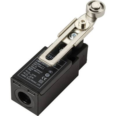 An electrical limit switch in a metal housing. It has a rotary lever with a roller on top. Engraved technical specifications are visible.