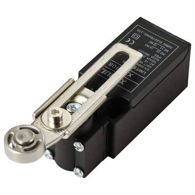 A black electrical limit switch with metal lever and roller mechanism, used for controlling mechanical movements.