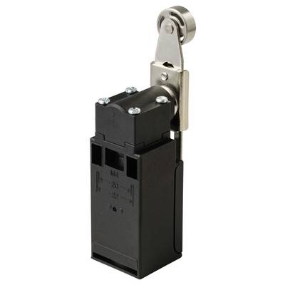 A black, rectangular limit switch with metal lever and roller mechanism. Used in machines for position detection.