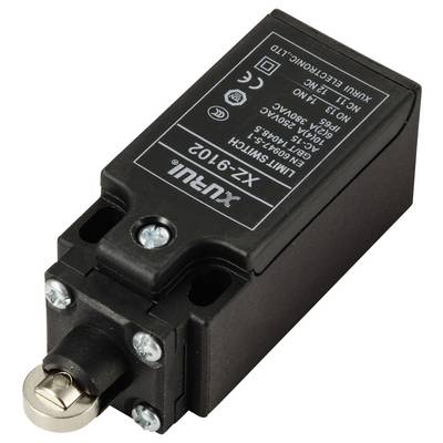 A rectangular, black limit switch with the inscription 'LIMIT SWITCH' and technical details on the top.