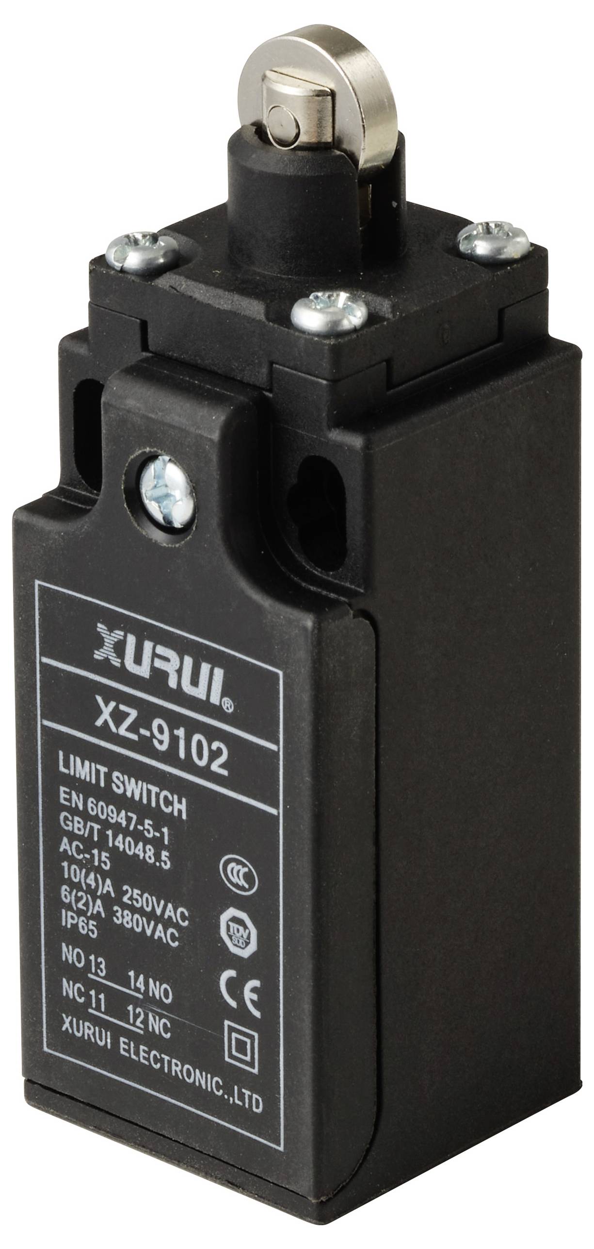 A black XZ-9102 position switch with metal lever on top, showing technical specifications on the front.