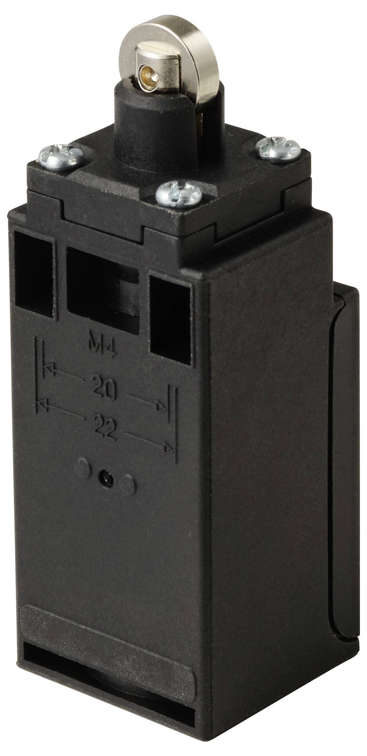 A rectangular pressure switch with metal rocker switch on top, black housing and screws at the corners, for controlling machines.