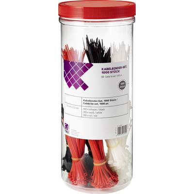 Transparent container with cable ties in Red, Black and White, 1000 pieces in total. Label displays product information in German and English.
