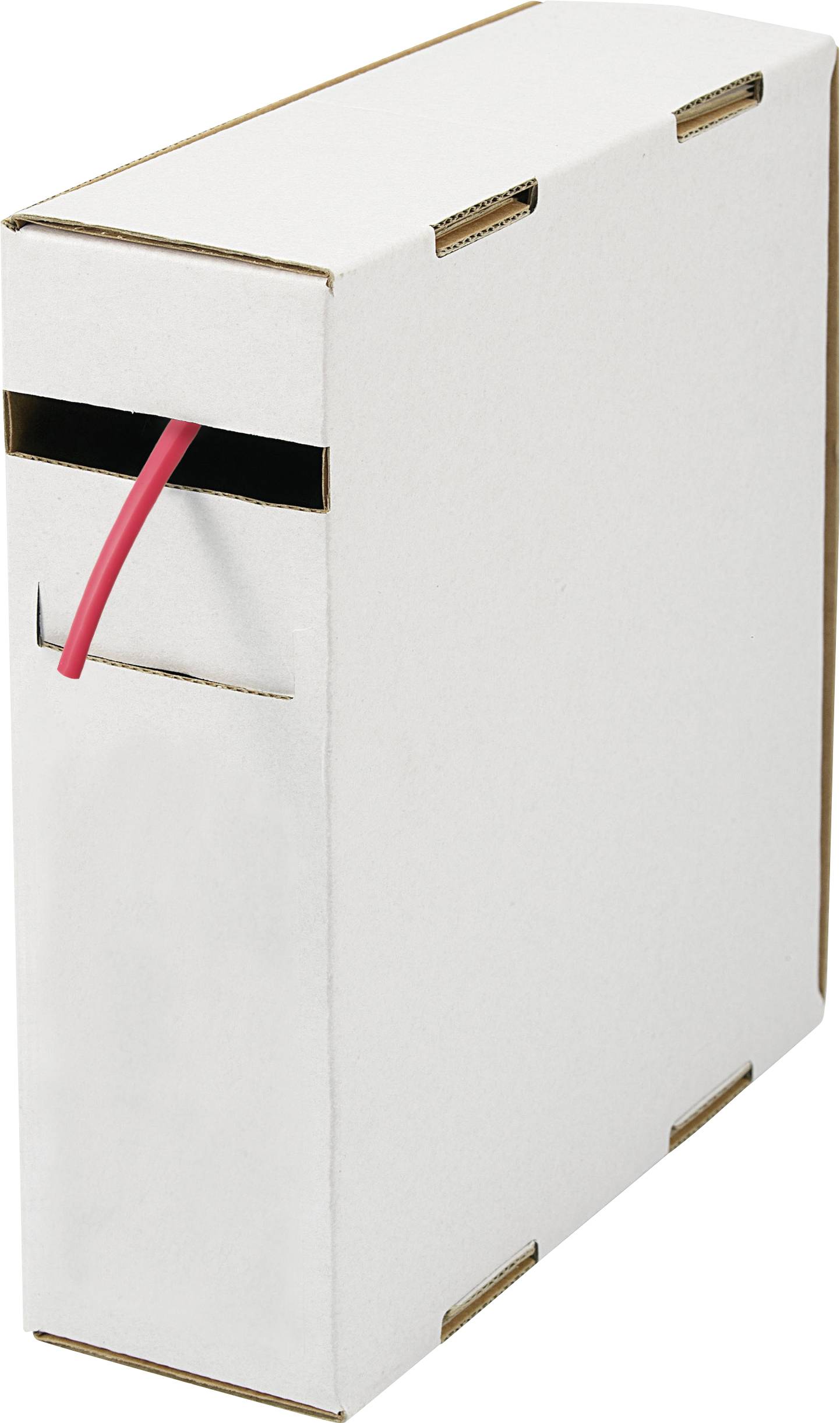 A white cardboard box with an opening through which a red cable protrudes. The box is designed for storing or dispensing the cable.