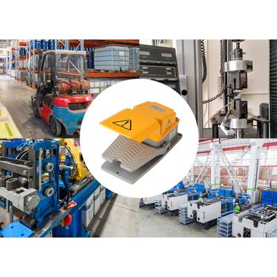 Image collage with forklift, yellow foot pedal, industrial machines and testing systems in a warehouse.