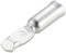 A silver cable lug with a flat, rounded tongue and cylindrical end for cable attachment is shown.