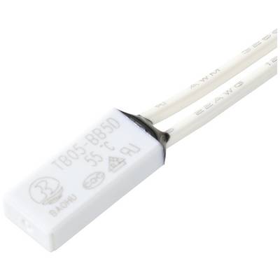 A white temperature controller with inscription 'TB05-BB5D 55°C', connected with two white cables. Suitable for thermostat-based applications.