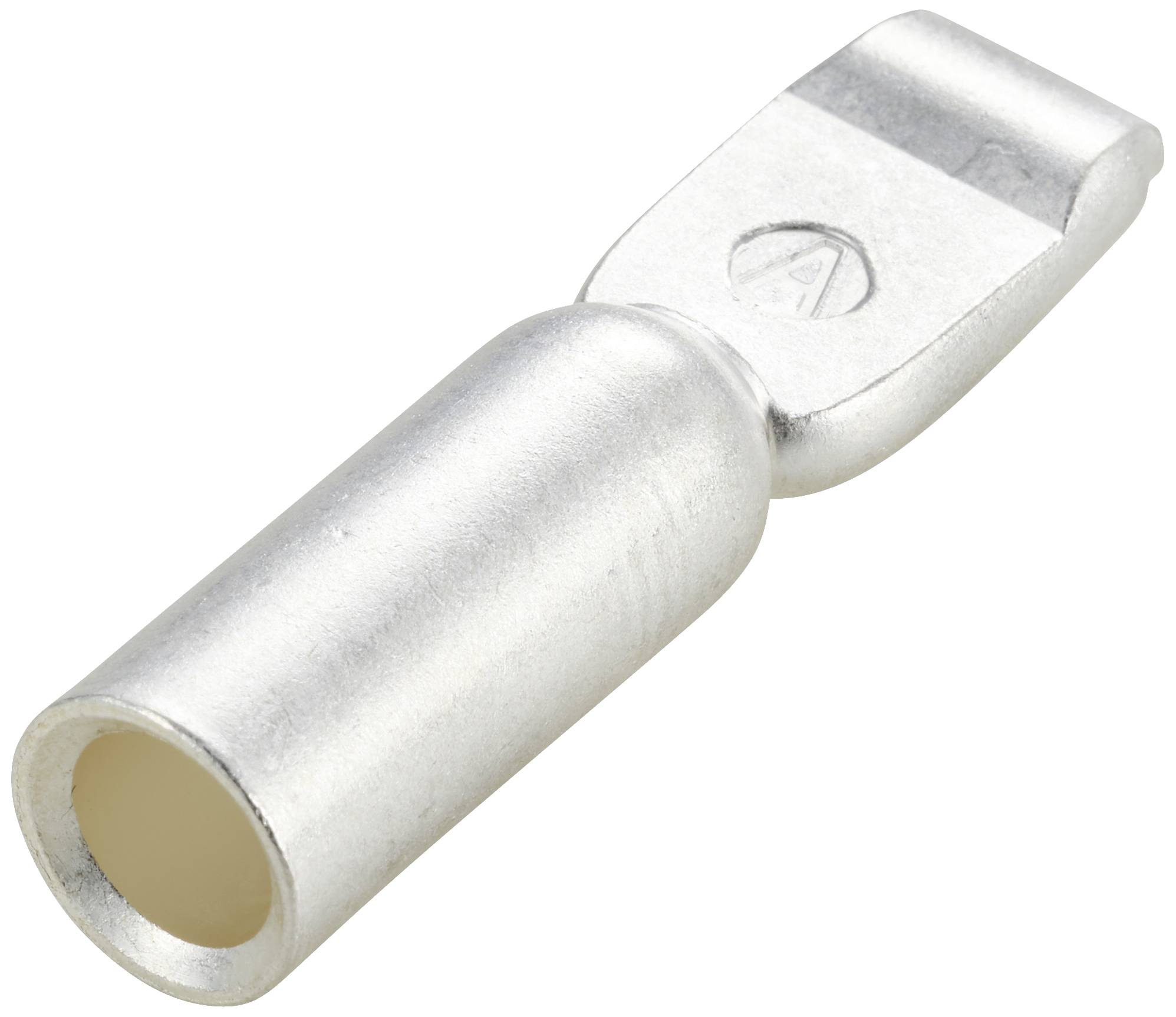 Metal pipe cable lug with a flat contact tag. Used for connecting electrical cables.