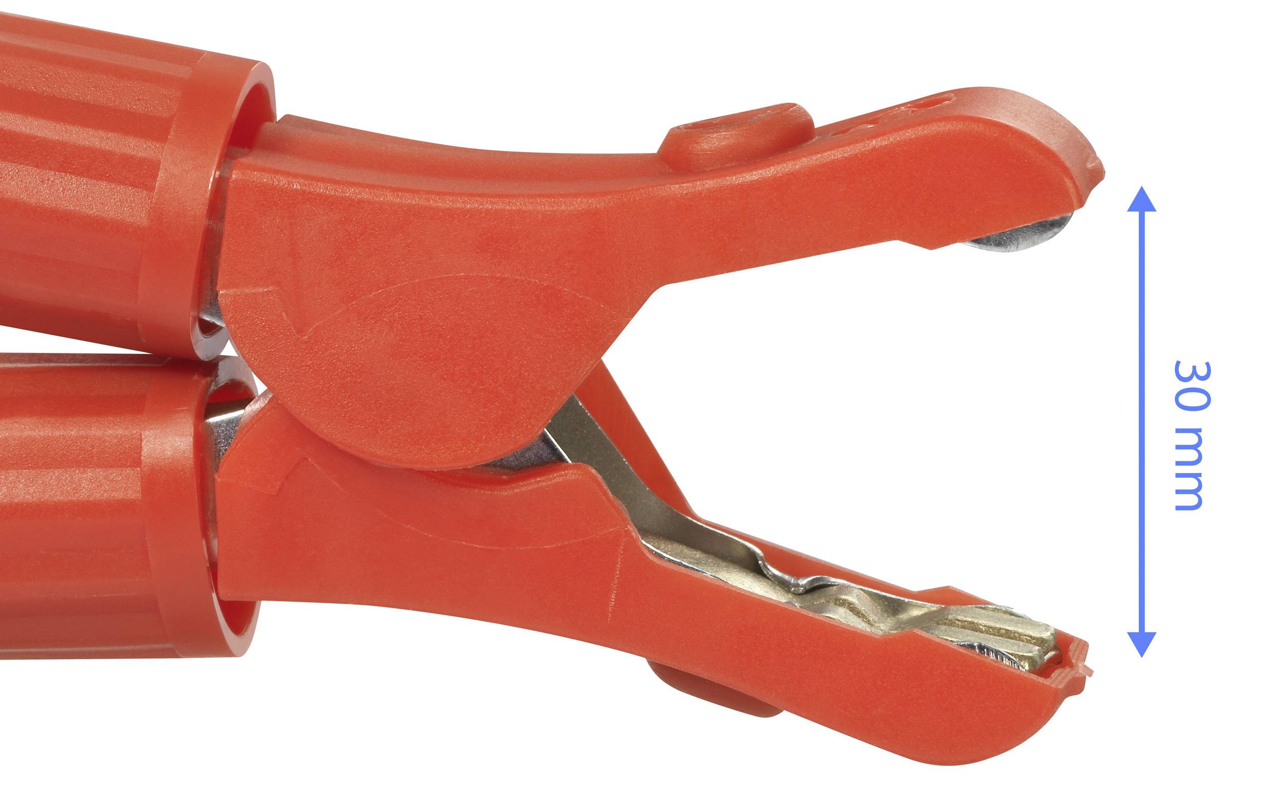 Red crocodile clip, length 30 mm, open.