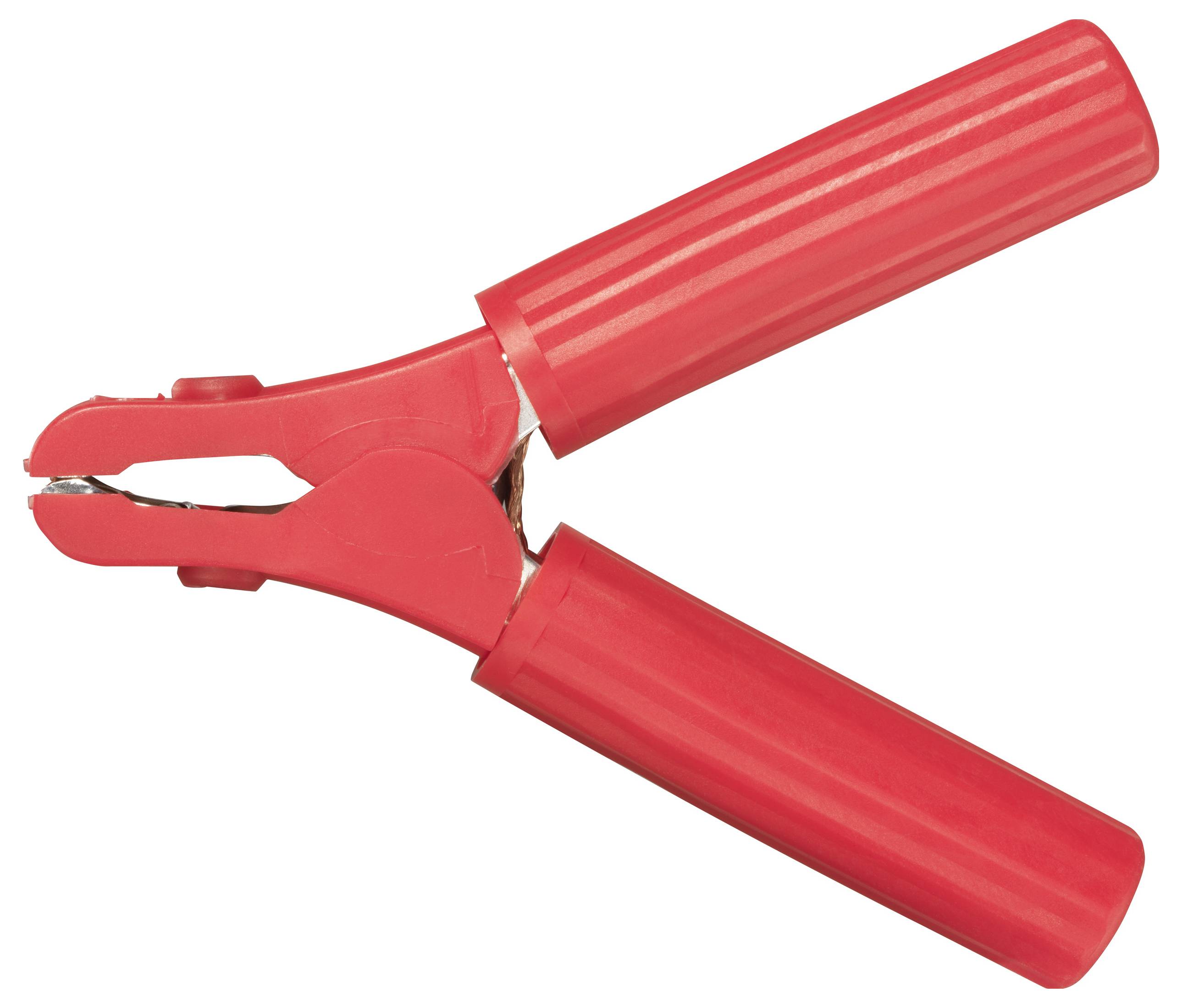 Red staple remover with ridged handles in an open position, ready to remove staples from paper stacks.