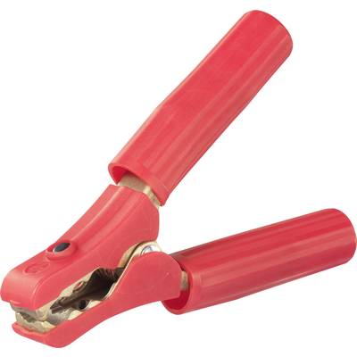 Red battery terminal, open, made of plastic and metal, typically used for connecting car batteries.