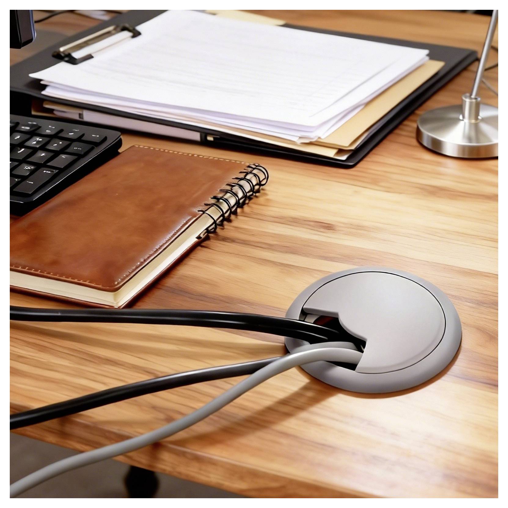 A tidy wooden desk with a notebook, stacked papers, a keyboard, and a lamp. Cables are organized through a cable grommet.