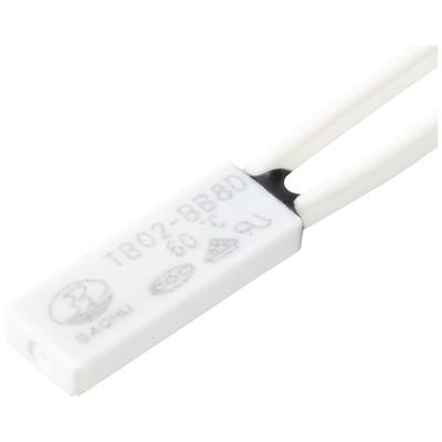 Temperature switch with inscription 'TB02-BB80 60°C', rectangular shape, two white cables, over-temperature protection.
