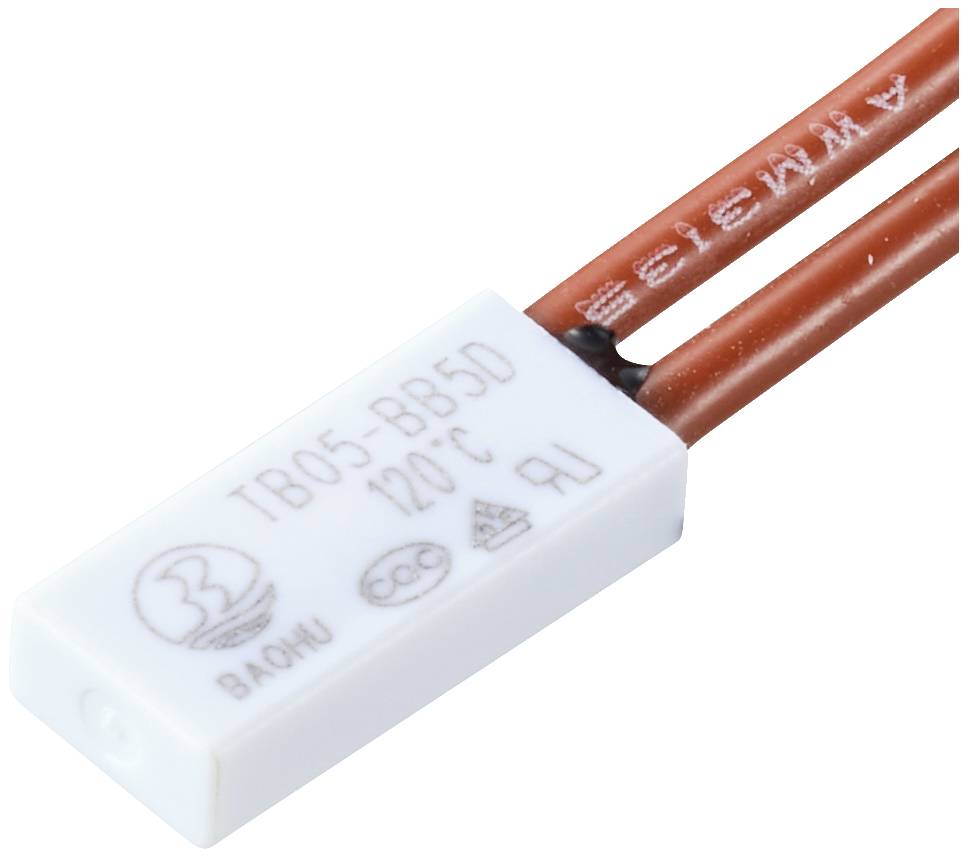 A rectangular, white temperature switch with the inscription 'TB05-BB5D 120°C' and brand logos. Two red wires are connected.