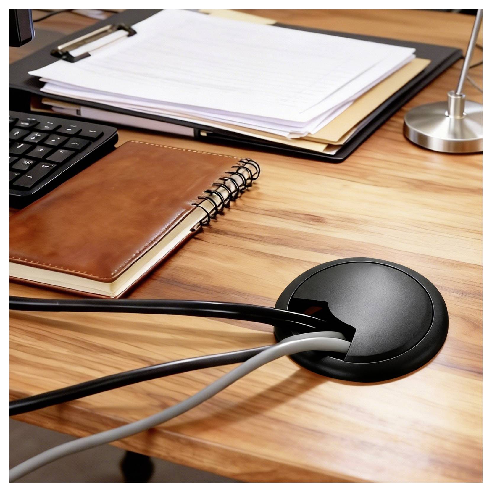 A wooden desk with a notebook, a stack of papers, a lamp, a keyboard, and cables organized through a black desk grommet.