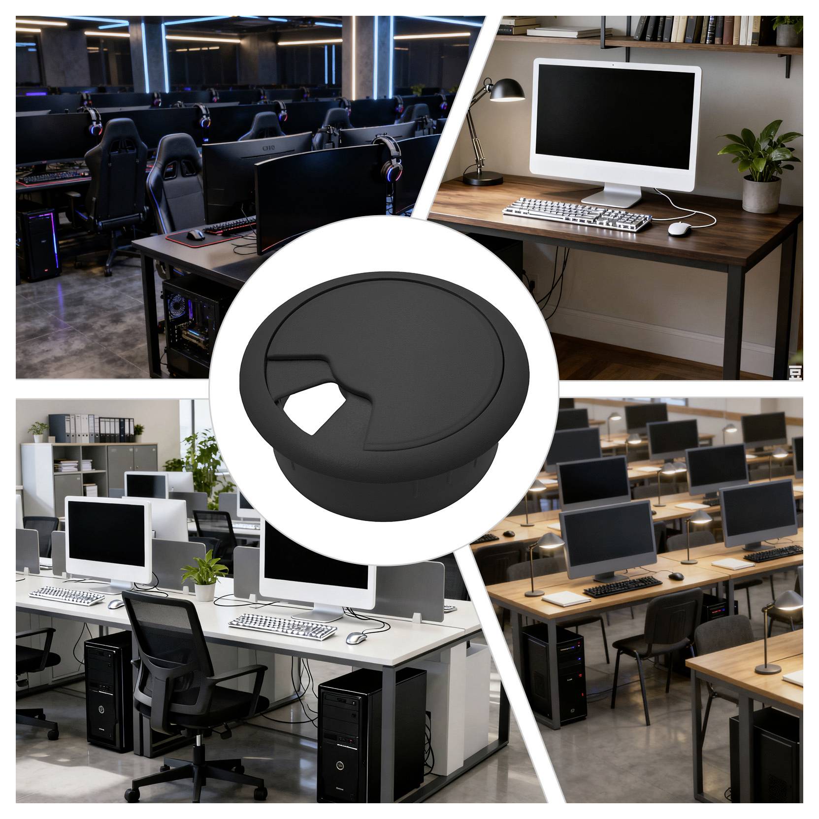 'Four images of office setups showcasing different types of computer workstations; central image shows a black cable grommet.'