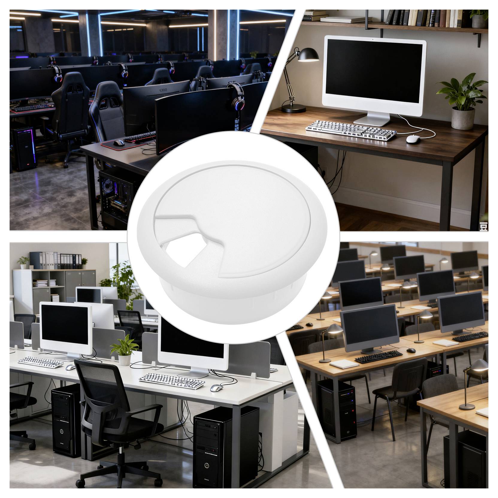 'Four office setups: modern gaming desks with LED lighting, a sleek single desk with a plant, a shared workspace, and a classroom setting.'