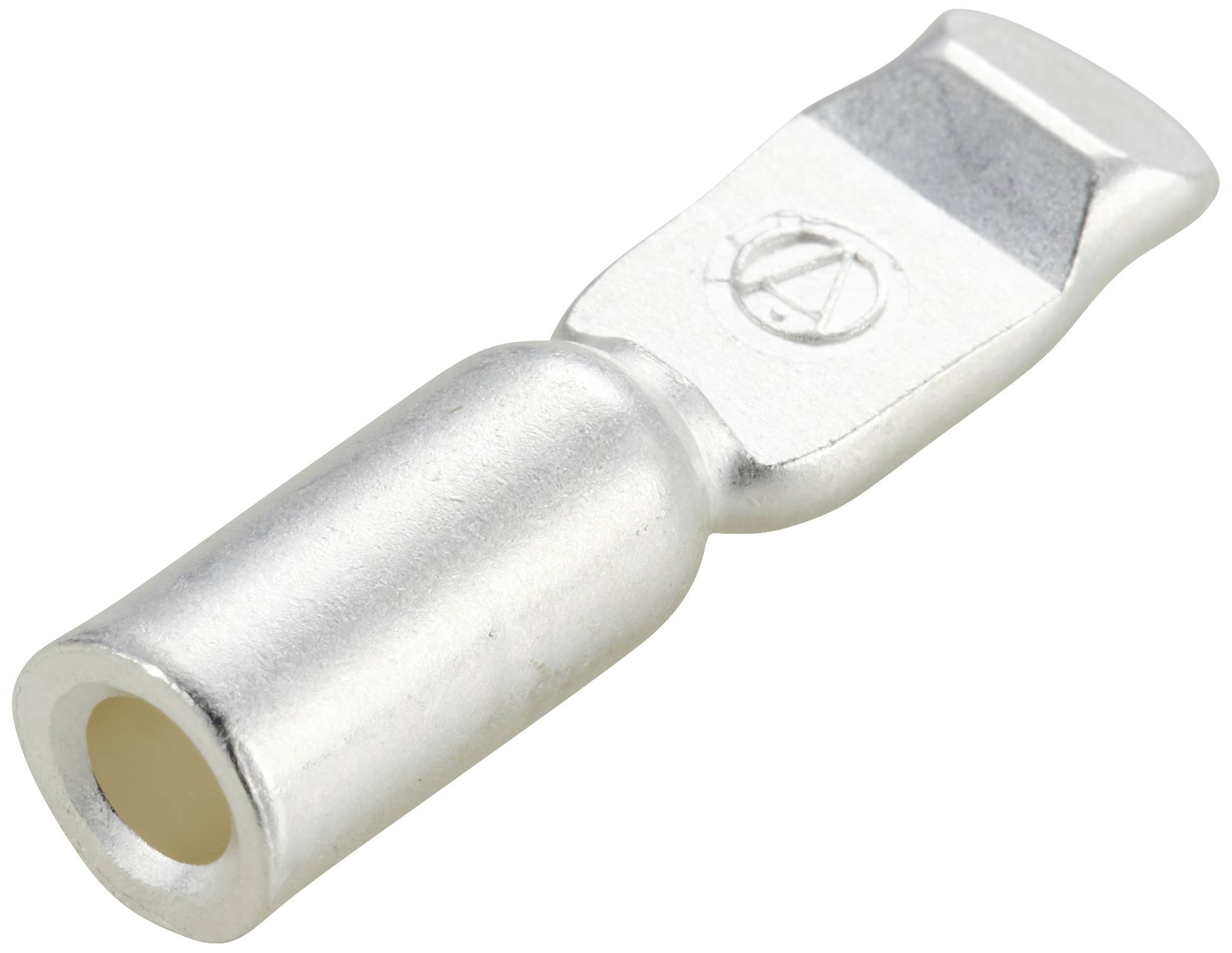 Metal cable lug with flat tongue, for electrical connection.